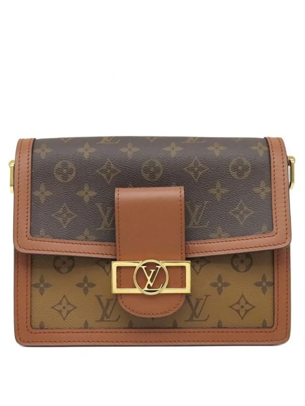 Louis Vuitton Shoulder Bag Dauphine MM Monogram Canvas Reverse Brown Gold Chain